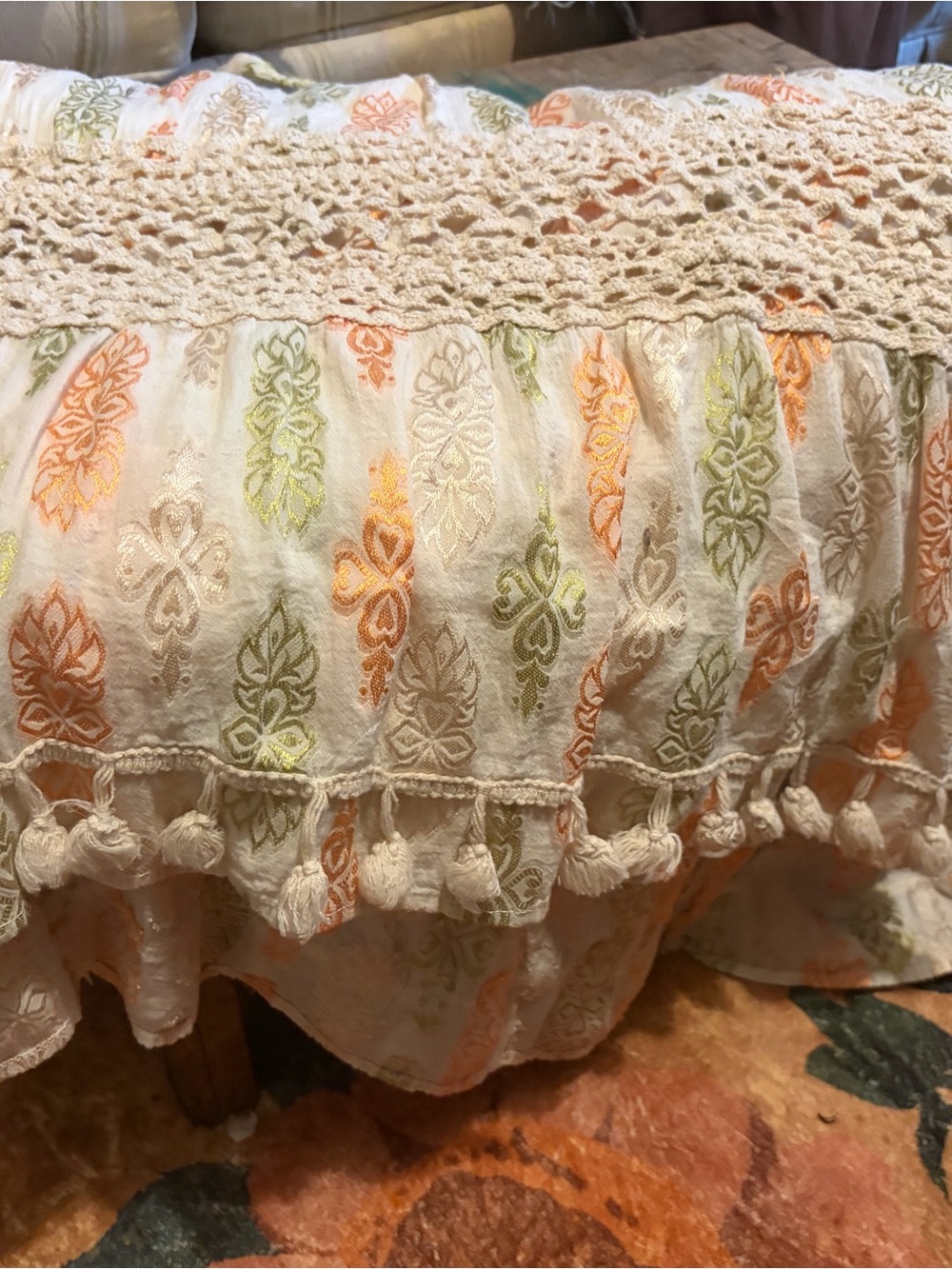 Boho Crochet-Waist Maxi Dress in White with Peach & Sage Print - Picture 6 of 7